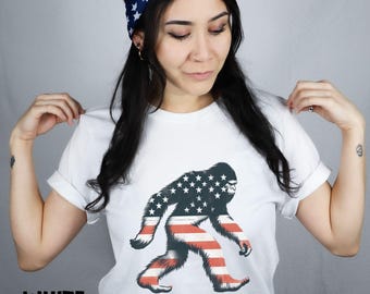 Funny Bigfoot Distressed 4th of July Shirt Spooky Red White and Blue Fourth Ghouly Summerween T-Shirt Independence Day Cryptid SasquatchTee