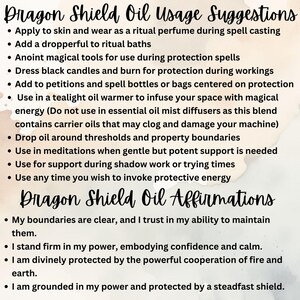 Peut inclure: Un fond blanc avec du texte noir d&eacute;crivant les utilisations et les affirmations de l'huile Dragon Shield. Le texte indique : "Dragon Shield Oil Usage Suggestions" et "Dragon Shield Oil Affirmations".