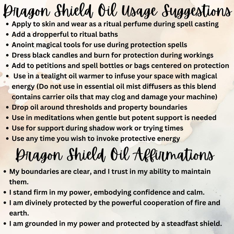 Peut inclure: Un fond blanc avec du texte noir d&eacute;crivant les utilisations et les affirmations de l'huile Dragon Shield. Le texte indique : "Dragon Shield Oil Usage Suggestions" et "Dragon Shield Oil Affirmations".