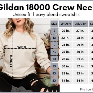 May include: A beige Gildan 18000 crew neck sweatshirt with a size chart. The chart shows measurements in inches for width, length, and sleeve length, ranging from size S to 5X. The text "Unisex fit heavy blend sweatshirt" is at the top.