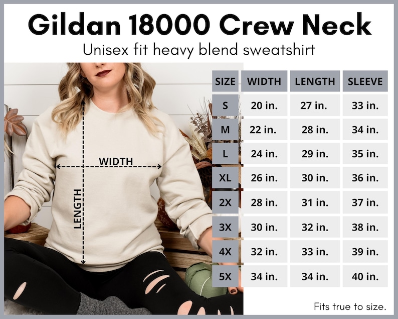 May include: A beige Gildan 18000 crew neck sweatshirt with a size chart. The chart shows measurements in inches for width, length, and sleeve length, ranging from size S to 5X. The text "Unisex fit heavy blend sweatshirt" is at the top.