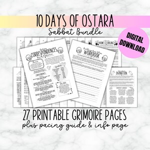 May include: A digital download of printable pages for a 10-day Ostara sabbat bundle. The pages include correspondences, a workbook, and divination exercises. The text on the image reads "10 Days of Ostara Sabbat Bundle", "Correspondences Workbook", "Home Cleansing", and "Divination".
