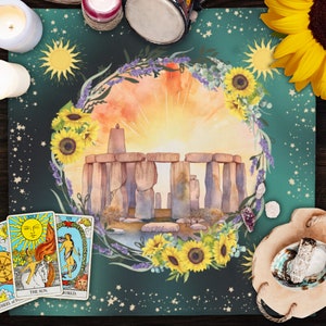 Watercolor Litha Altar Cloth Stonegenge Tarot Cloth Witchy Aesthetic Pagan Decor Summer Solstice Witch Decorations Sacred Space Covering