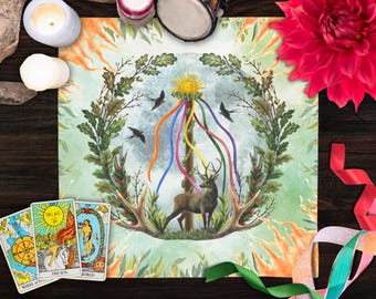 Nappe d'autel Beltane 1er mai Tissu de tarot aquarelle de printemps Roue de l'année Table d'autel Décoration de sorcellerie Pentacle païen Fournitures de sorcellerie