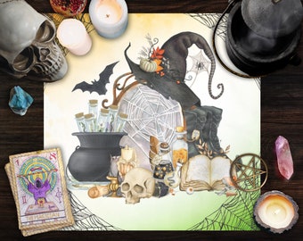 May include: A witch's hat with a spiderweb, a cauldron, potion bottles, a tarot card, and a book on a green and white background with a spiderweb pattern. The image is a watercolor painting.