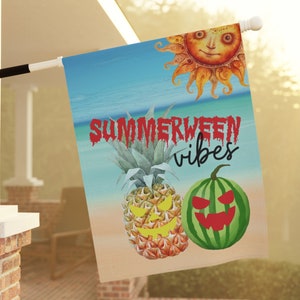 May include: A summerween themed flag with a yellow sun, a pineapple with a jack-o-lantern face, a watermelon with a jack-o-lantern face, and the text "Summerween vibes".