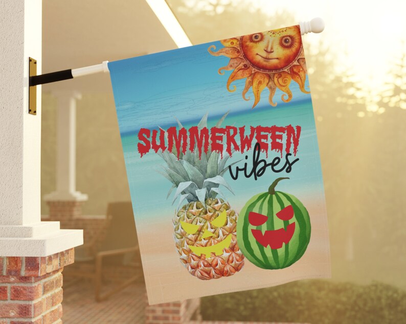 May include: A summerween themed flag with a yellow sun, a pineapple with a jack-o-lantern face, a watermelon with a jack-o-lantern face, and the text "Summerween vibes".