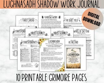 May include: A collection of 10 printable grimoire pages with the text "Shadows and Sabbats Lughnasadh Shadow Work Journal." The pages include tarot spreads, shadow work guides, and altar cards. A digital download is available.