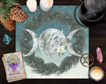 Watercolor Yule Altar Cloth Witchcraft Tarot Cloth Witchy Aesthetic Moon Pagan Decor Winter Solstice Witch Decorations Sacred Space Covering