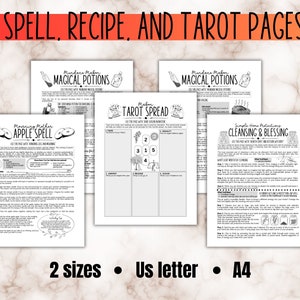 K&ouml;nnte beinhalten: F&uuml;nf druckbare Seiten mit Schwarzwei&szlig;illustrationen f&uuml;r magische Zauber, Rezepte und Tarot-Spreads. Die Seiten beinhalten Titel wie "Morning Maker Apple Spell", "Mundane Mabon Magical Potions", "Simple Home Protections Cleansing & Blessing" und "Mebar Tarot Spread".
