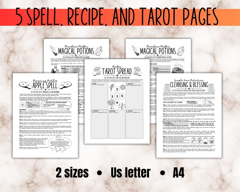 K&ouml;nnte beinhalten: F&uuml;nf druckbare Seiten mit Schwarzwei&szlig;illustrationen f&uuml;r magische Zauber, Rezepte und Tarot-Spreads. Die Seiten beinhalten Titel wie "Morning Maker Apple Spell", "Mundane Mabon Magical Potions", "Simple Home Protections Cleansing & Blessing" und "Mebar Tarot Spread".
