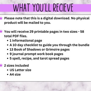 K&ouml;nnte beinhalten: Ein rosa-wei&szlig;er Marmorhintergrund mit einem wei&szlig;en Stern und schwarzem Text, der "WHAT YOU'LL RECIEVE" lautet. Der Text unter dem Titel erkl&auml;rt, dass es sich um einen digitalen Download handelt und eine Liste der 29 druckbaren Seiten enth&auml;lt, die im Download enthalten sind. Die Liste umfasst eine 10-Tage-Checkliste, 13 Seiten aus dem Buch der Schatten oder dem Grimoire, 9 Seiten mit Journal-Anregungen f&uuml;r die Arbeit und 5 Seiten mit Zauberspr&uuml;chen, Rezepten und Tarot-Kartenlegungen. Der Text gibt auch an, dass die Seiten in zwei Gr&ouml;&szlig;en verf&uuml;gbar sind: US Letter und A4.