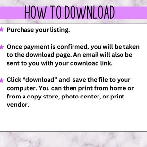 K&ouml;nnte beinhalten: Ein rosa-wei&szlig;er Marmorhintergrund mit einem wei&szlig;en Kasten, der Anweisungen zum Herunterladen eines digitalen Produkts enth&auml;lt. Der Text lautet "HOW TO DOWNLOAD" in gro&szlig;en, fetten, schwarzen Buchstaben. Die Anweisungen lauten: "Purchase your listing", "Once payment is confirmed, you will be taken to the download page. An email will also be sent to you with your download link." und "Click "download" and save the file to your computer. You can then print from home or from a copy shop, photo centre, or print vendor."