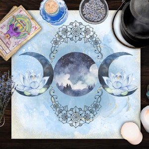 Blue Lotus Altar Cloth Triple Moon Goddess Tarot Cloth Blue Lotus Flower Watercolor Altar Table Witchy Decor Pagan