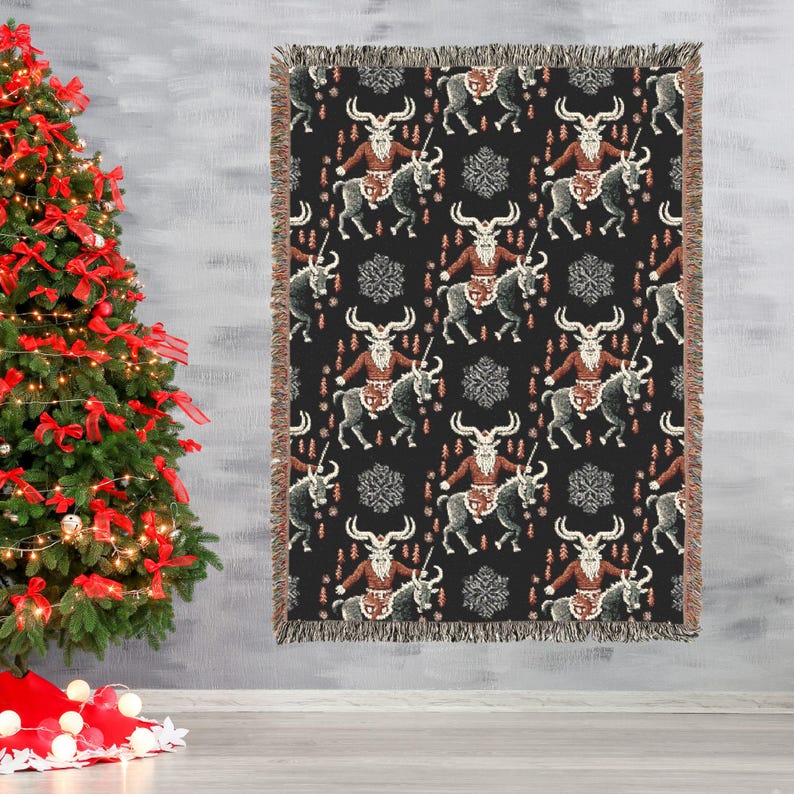 Krampus Woven Blanket, Spooky Cheepmas Krampus Decor, Scandinavian Folk Horror Tapestry Throw, Krampusnacht Gift, Bohemian Winter Solstice image 5
