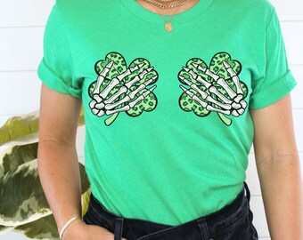 Leopard Print Shamrock Skeleton Hands Shirt, St Patrick's Day Boob Hands Tee, Funny Irish Boobies Tshirt, Shake Your Shamrocks T-Shirt