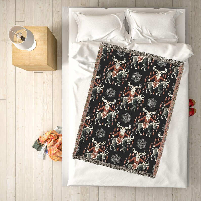 Krampus Woven Blanket, Spooky Cheepmas Krampus Decor, Scandinavian Folk Horror Tapestry Throw, Krampusnacht Gift, Bohemian Winter Solstice image 4