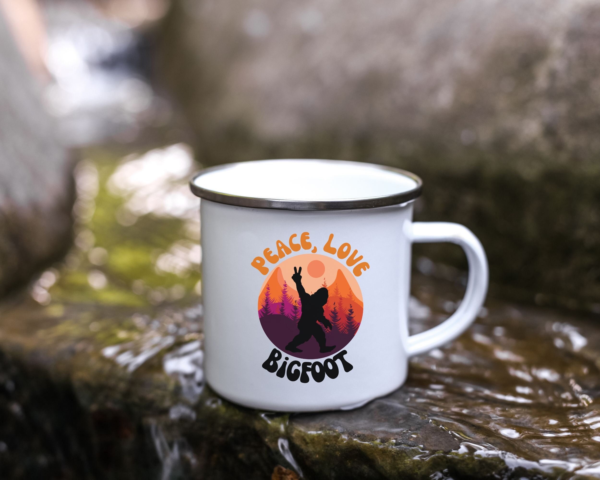 Bigfoot Camping Mug Enamel Peace Love Bigfoot Camping Mug Outdoorsy Camping Cup Gift for Hiker Sasquatch Lover Gift Bigfoot Adventure Mug