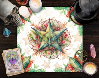 Watercolor Yule Altar Cloth Witchcraft Tarot Cloth Witchy Aesthetic Moon Pagan Decor Winter Solstice Witch Decorations Sacred Space Covering