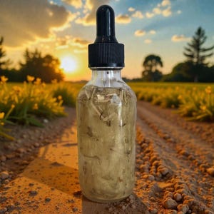 May include: A clear glass bottle with a black dropper top, filled with a light yellow liquid and plant matter. The bottle is set against a backdrop of a dirt path, fields, and a sunset.