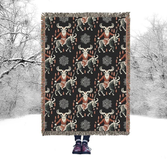 Krampus Woven Blanket, Spooky Cheepmas Krampus Decor, Scandinavian Folk Horror Tapestry Throw, Krampusnacht Gift, Bohemian Winter Solstice