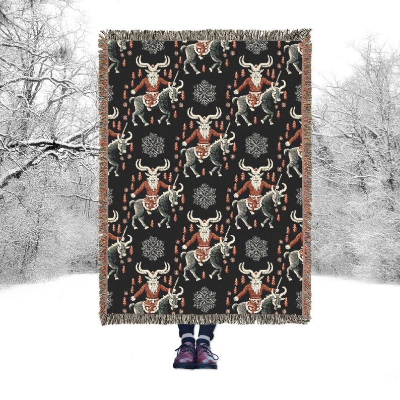 Krampus Woven Blanket, Spooky Cheepmas Krampus Decor, Scandinavian Folk Horror Tapestry Throw, Krampusnacht Gift, Bohemian Winter Solstice image 1