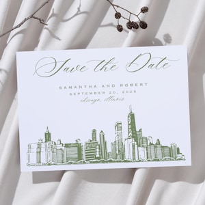 Modello Save the Date con Skyline di Chicago - Download digitale modificabile da Canva - Invito a nozze Windy City - Stampabile e con accesso immediato