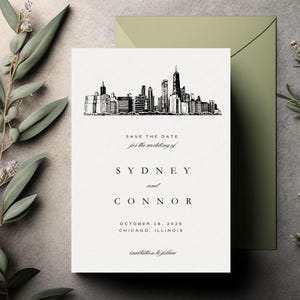 Modello Save the Date con Skyline di Chicago - Download digitale modificabile da Canva - Invito a nozze Windy City - Stampabile e con accesso immediato