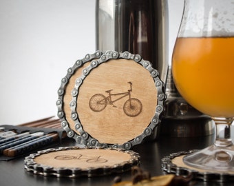 Unique BMX Chain Coasters, Engraved with Bicycle Images, Eco-Friendly Home Decor