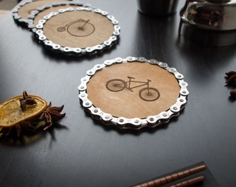 Engraved Bike Chain Coaster - Set of 1, 2, or 4 - 11cm (4.3in) Diameter, Made with Plywood and Bicycle Chains