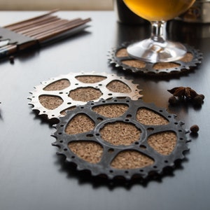 Upcycled Bicycle Sprocket and Cork Coaster, Perfect Gift for Cyclists, Handcrafted Set of Two or Single Gear Coaster