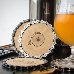 Posavasos de cadena de bicicleta vintage, grabado con imágenes de bicicletas, decoración del hogar ecológica