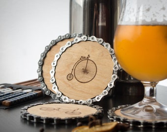 Posavasos de cadena de bicicleta vintage, grabado con imágenes de bicicletas, decoración del hogar ecológica