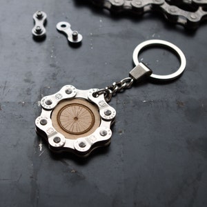Unique Bicycle Chain Keychain with Bike Wheel Engraving