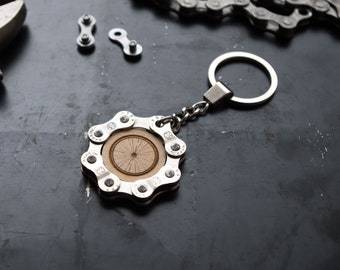 Unique Bicycle Chain Keychain with Bike Wheel Engraving