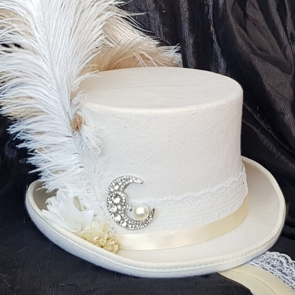 Stevie Nicks inspirado sombrero de copa blanco 100% lana BELLADONA plumas de marfil rosa luna Rhiannon gitano blanco alado paloma boho boda