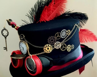 Steampunk Top Hat 100% Wool Black Red Google's Clock Wheels Real Pocket Watch Hatpins Cosplay Festival