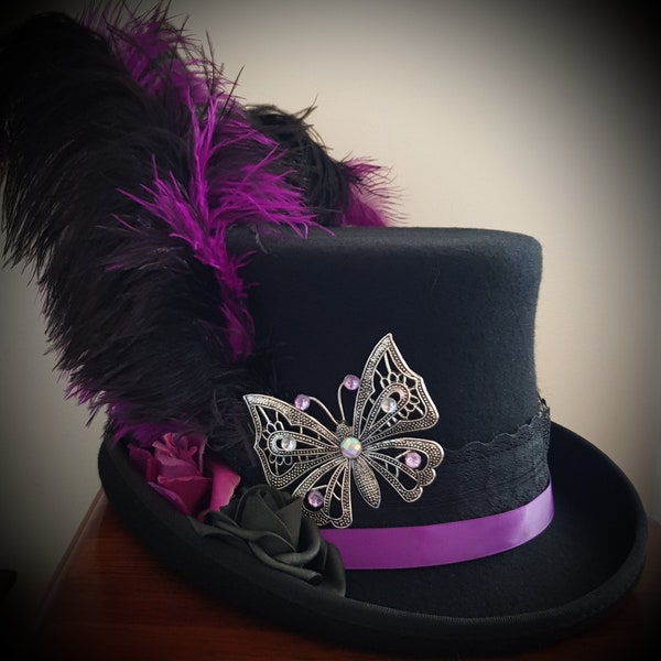 Stevie Nicks Inspired Top Hat Black Purple 100% Wool GYPSY Butterfly Lace Rhiannon Rose Bohemian Victorian Steampunk Festival Cosplay