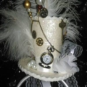 Steampunk Wedding White Mini Top Hat Pocket Watch Clock Wheels Key Pearls Rose Mad Hatter Tea Party Cosplay Festivals
