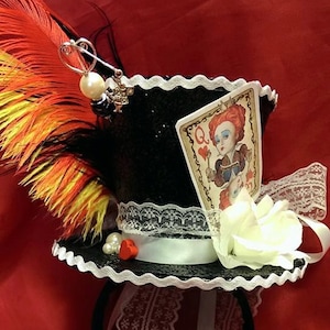 Queen of Hearts Black OR Red Alice in Wonderland Mini Top Hat &quot;Off With Their Heads&quot; Tea Party Mad Hatter Wedding Ascot