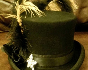 Stevie Nicks Inspired Black Top Hat 100% Wool ROCK A LITTLE Gypsy Rose Star Bohemian Victorian Burning Man  Gothic Halloween