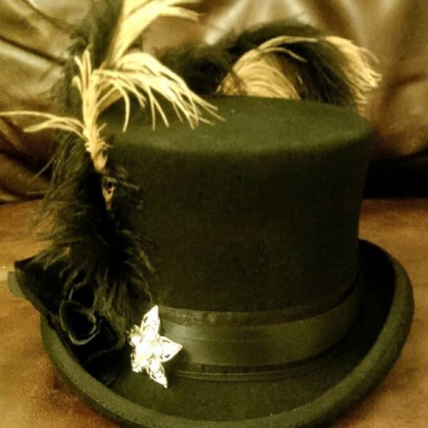 Stevie Nicks Inspired Black Top Hat 100% Wool ROCK A LITTLE Gypsy Rose Star Bohemian Victorian Burning Man  Gothic Halloween