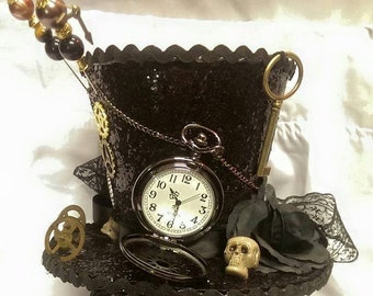 Steampunk Time Halloween Gothic Cosplay Black Mini Top Hat Real Pocket Watch Clocks Wheels Keys Skulls Rose Alice Through The Looking Glass