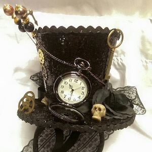 Steampunk Time Halloween Gothic Cosplay Black Mini Top Hat Real Pocket Watch Clocks Wheels Keys Skulls Rose Alice Through The Looking Glass image 1