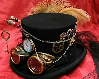 Steampunk Festival Victorian 100% Wool Top Hat Alice Through The Looking Glass Time Pocket Watch Goggles Clock Wheels Key Cosplay Mad Hatter