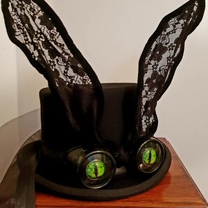 Evil Bunny Top Hat 100% Wool Steampunk Black Goggles Green Eyes Rabbit Bunny Ears Halloween Burning Man Festivals Cosplay