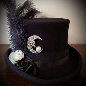 Stevie Nicks geïnspireerde hoge hoed zwart 100% wol SISTERS of the MOON Crescent Moon Rose Lace Gypsy Boho Festival Victoriaans Halloween Gothic
