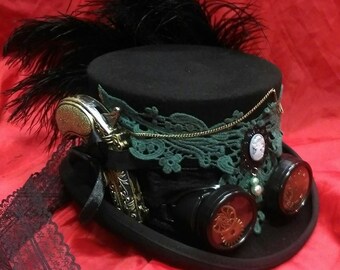 Sombrero de copa negro 100% lana para festival Steampunk, gafas Steampunk, pistolas, relojes, llave, Burning Man, cosplay, boda en Ascot