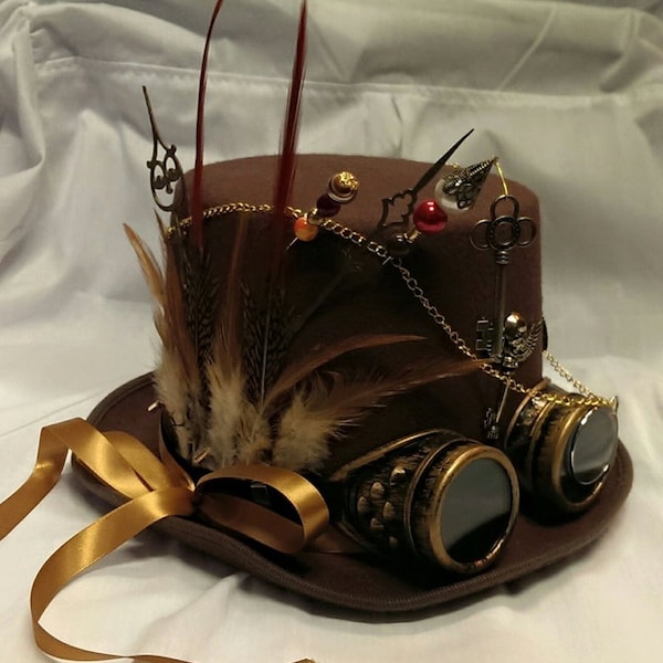 Steampunk Festival Bespoke Victorian Goth Brown Wool/Felt Top Hat Aviator Goggles Clocks Time Skeleton Wings Keys Burning Man Cosplay