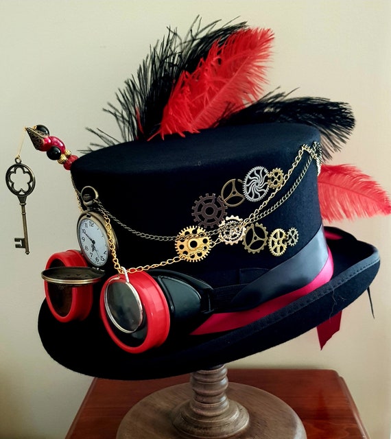 Steampunk Top Hat 100% Wool Black Red Google's Clock Wheels Real Pocket Watch Hatpins Cosplay Festival
